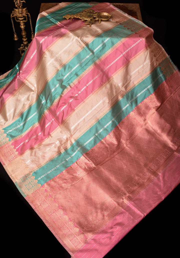 Pastel Multicolor Banarasi Katan Silk Saree with zari stripes and Scallop border | SILK MARK CERTIFIED