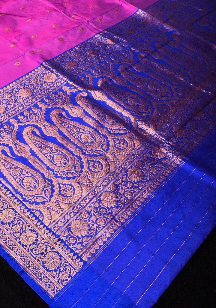 Banarasi Pure Katan Silk Saree with Floral Buttas and Blue Borders | SILK MARK CERTIFIED