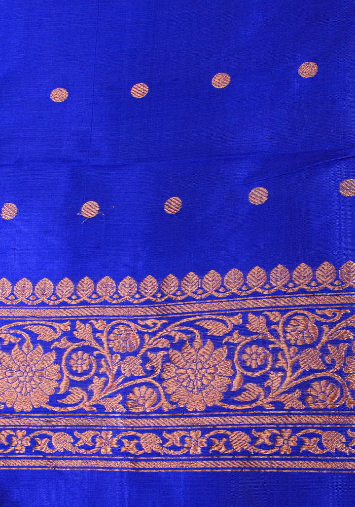 Banarasi Pure Katan Silk Saree with Floral Buttas and Blue Borders | SILK MARK CERTIFIED