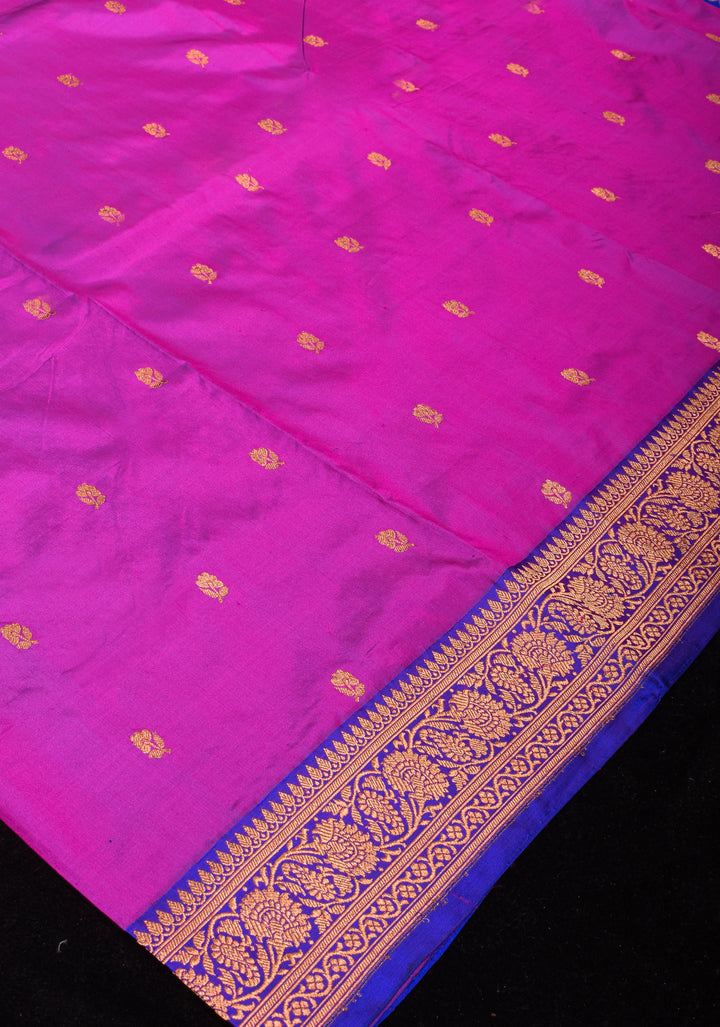 Banarasi Pure Katan Silk Saree with Floral Buttas and Blue Borders | SILK MARK CERTIFIED