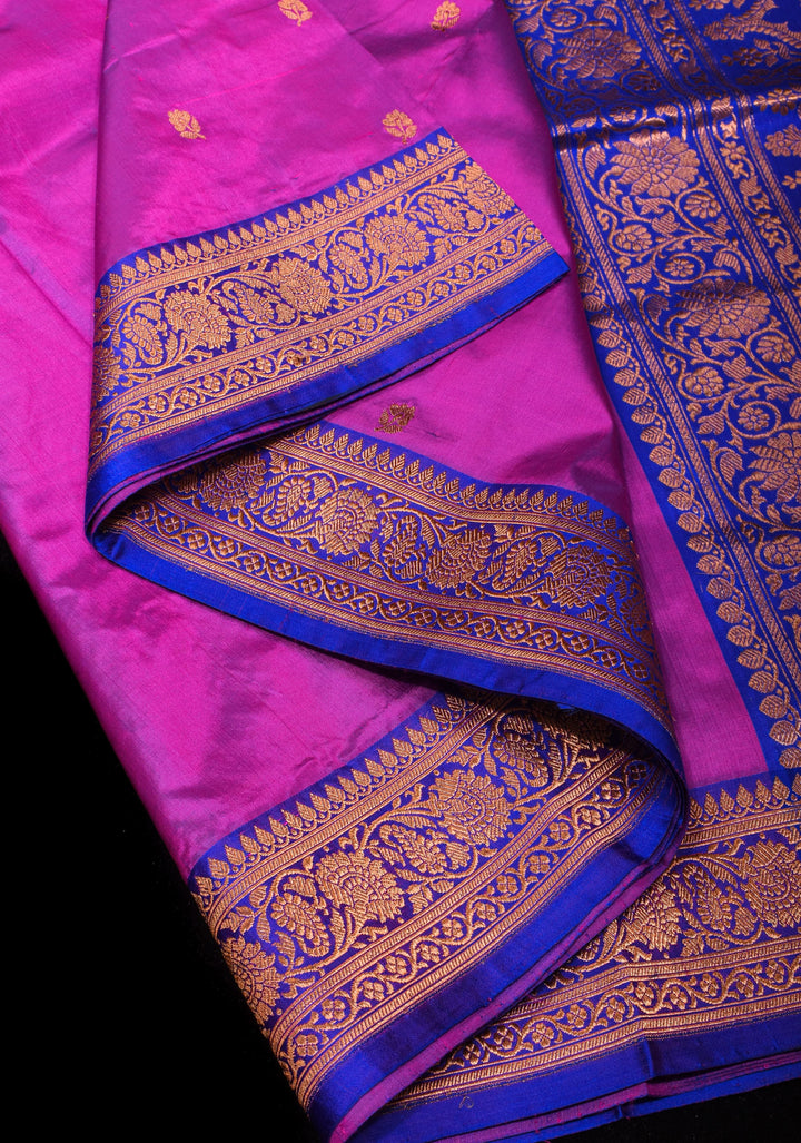 Banarasi Pure Katan Silk Saree with Floral Buttas and Blue Borders | SILK MARK CERTIFIED