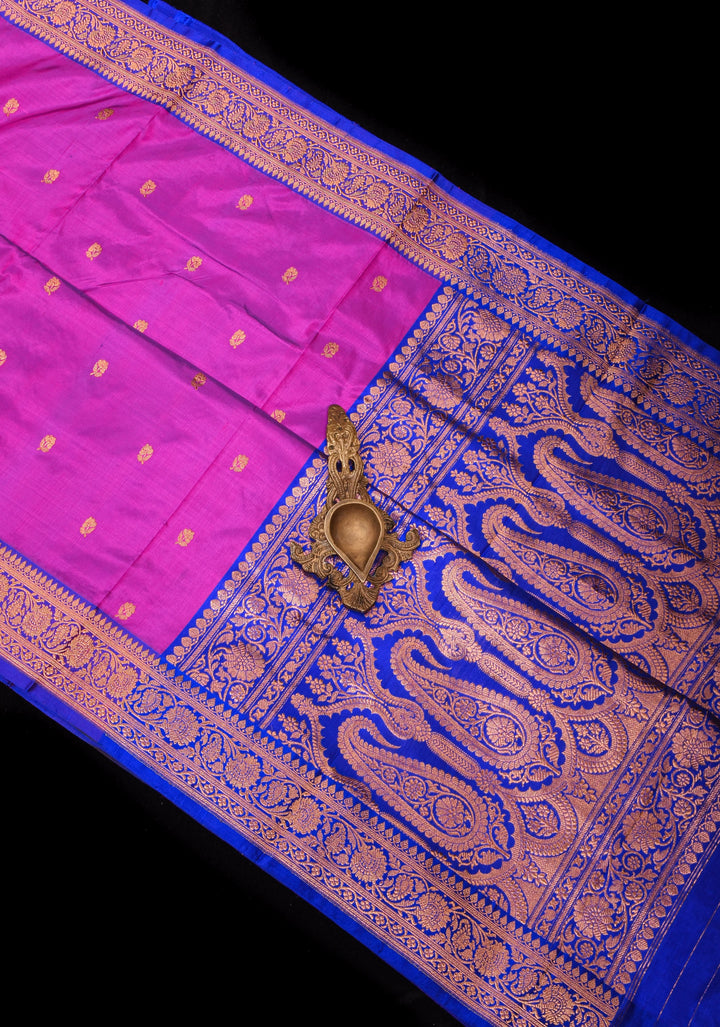 Banarasi Pure Katan Silk Saree with Floral Buttas and Blue Borders | SILK MARK CERTIFIED