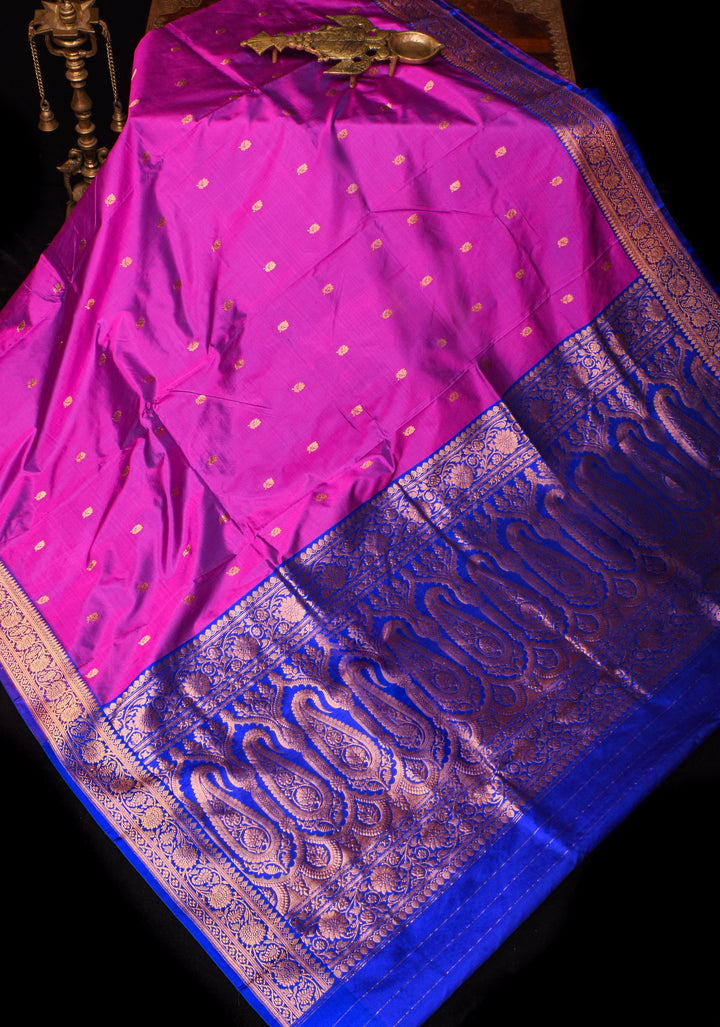 Banarasi Pure Katan Silk Saree with Floral Buttas and Blue Borders | SILK MARK CERTIFIED