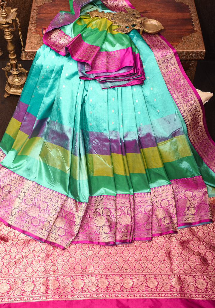 Cyan Pure Banarasi Katan Silk Saree with Multicolor Stripes, chunri buttas  and Contrast Zari Border | SILK MARK CERTIFIED