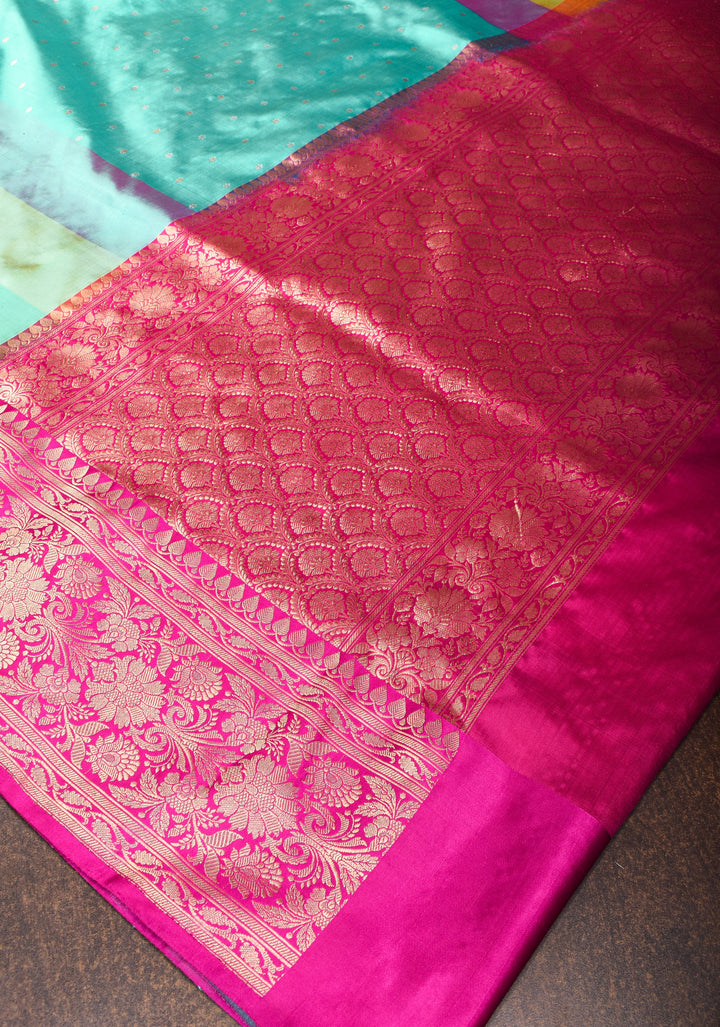 Cyan Pure Banarasi Katan Silk Saree with Multicolor Stripes, chunri buttas  and Contrast Zari Border | SILK MARK CERTIFIED