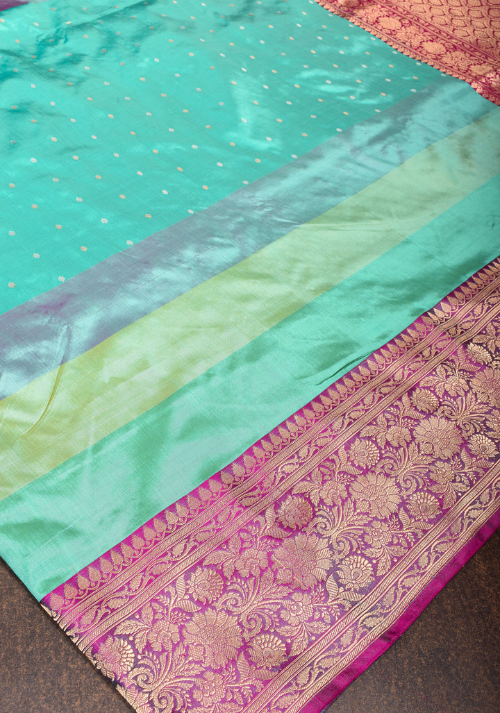Cyan Pure Banarasi Katan Silk Saree with Multicolor Stripes, chunri buttas  and Contrast Zari Border | SILK MARK CERTIFIED