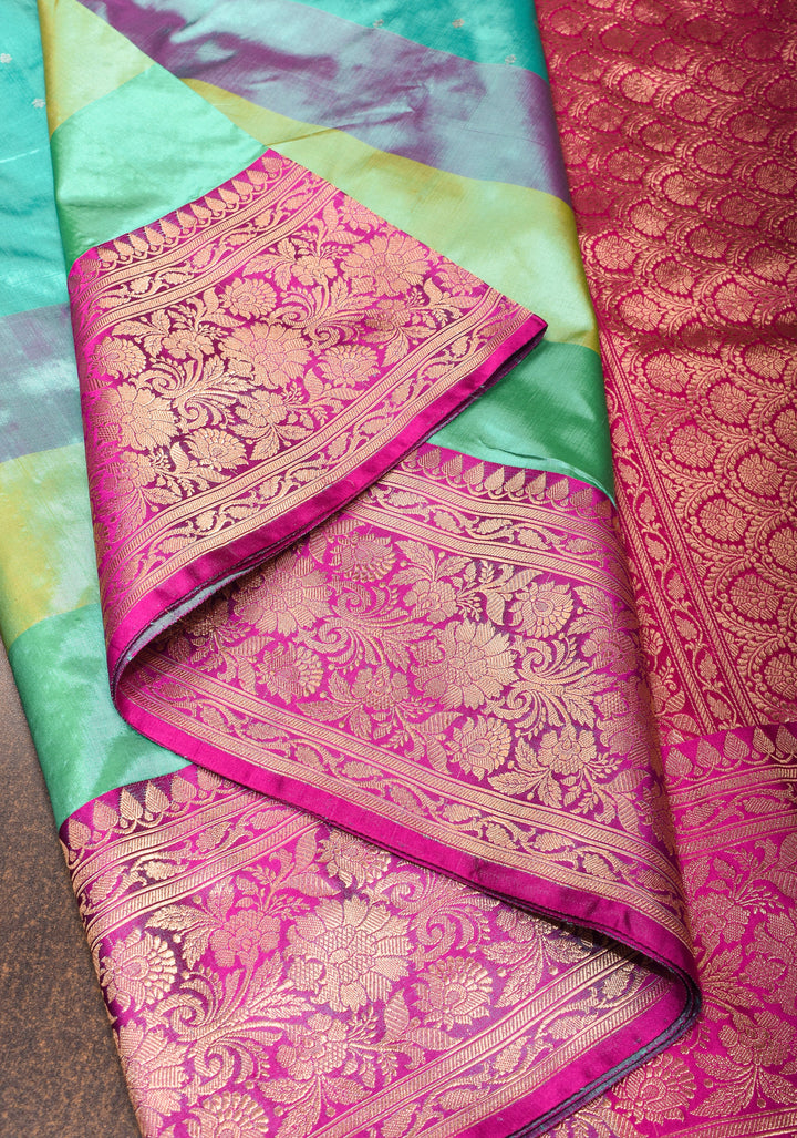 Cyan Pure Banarasi Katan Silk Saree with Multicolor Stripes, chunri buttas  and Contrast Zari Border | SILK MARK CERTIFIED