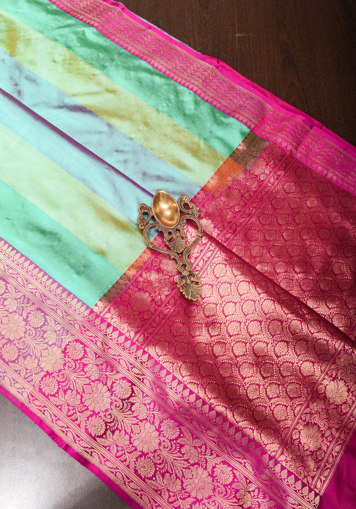 Cyan Pure Banarasi Katan Silk Saree with Multicolor Stripes, chunri buttas  and Contrast Zari Border | SILK MARK CERTIFIED