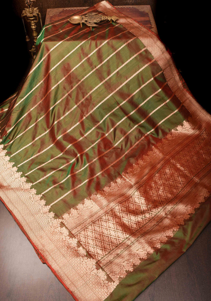 Green Dual tone Banarasi Katan Silk with Vertical Zari Stripes and Zari Border | SILK MARK CERTIFIED