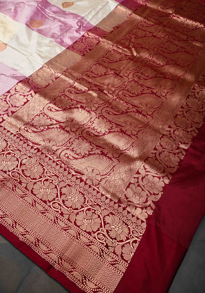 Beige and Dusty Pink Panel Design Banarasi Katan Silk Saree with Zari Buttas and Contrast Zari Border | SILK MARK CERTIFIED