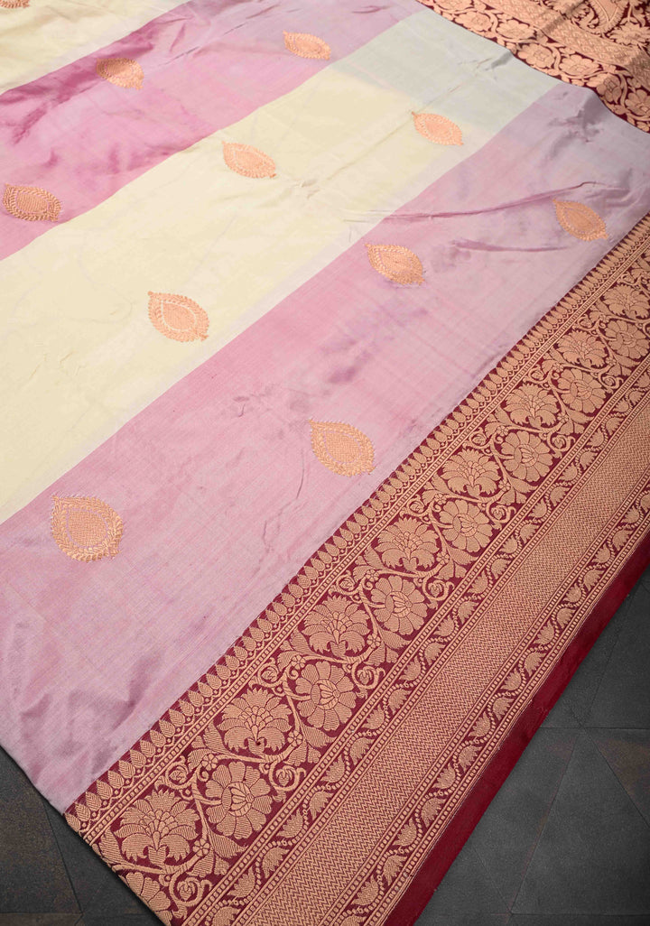 Beige and Dusty Pink Panel Design Banarasi Katan Silk Saree with Zari Buttas and Contrast Zari Border | SILK MARK CERTIFIED