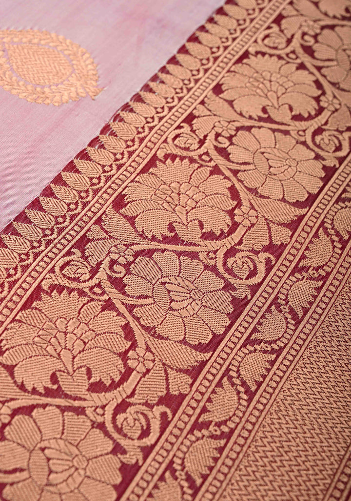 Beige and Dusty Pink Panel Design Banarasi Katan Silk Saree with Zari Buttas and Contrast Zari Border | SILK MARK CERTIFIED