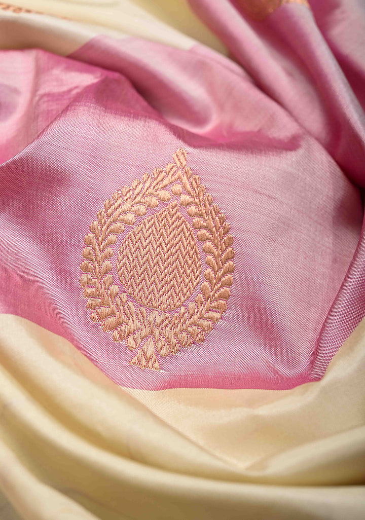 Beige and Dusty Pink Panel Design Banarasi Katan Silk Saree with Zari Buttas and Contrast Zari Border | SILK MARK CERTIFIED