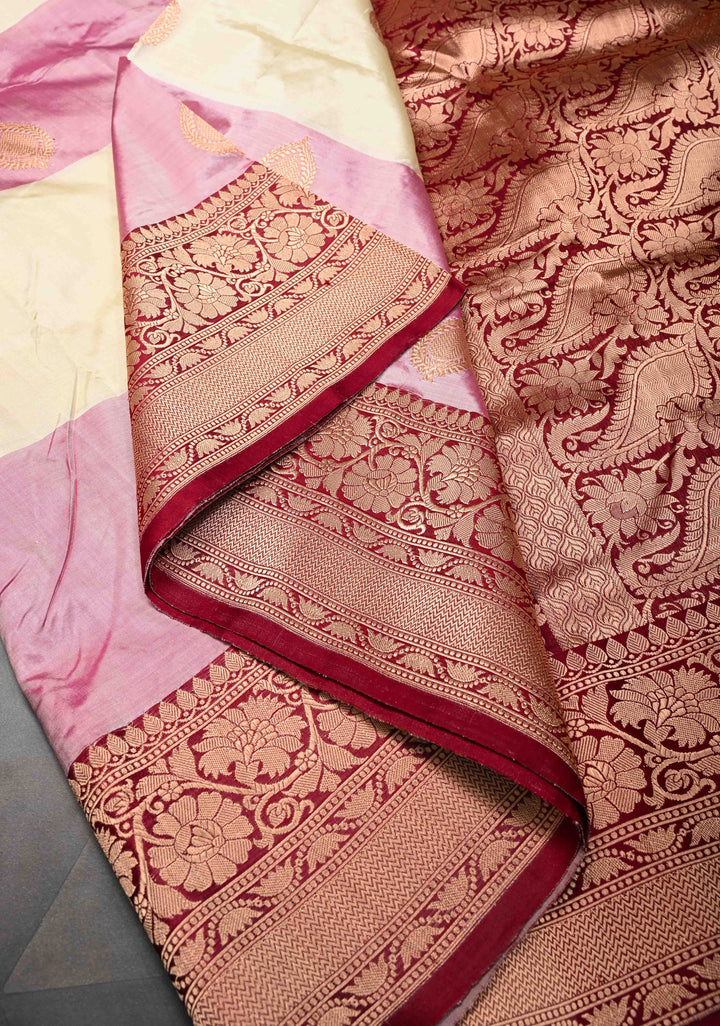 Beige and Dusty Pink Panel Design Banarasi Katan Silk Saree with Zari Buttas and Contrast Zari Border | SILK MARK CERTIFIED