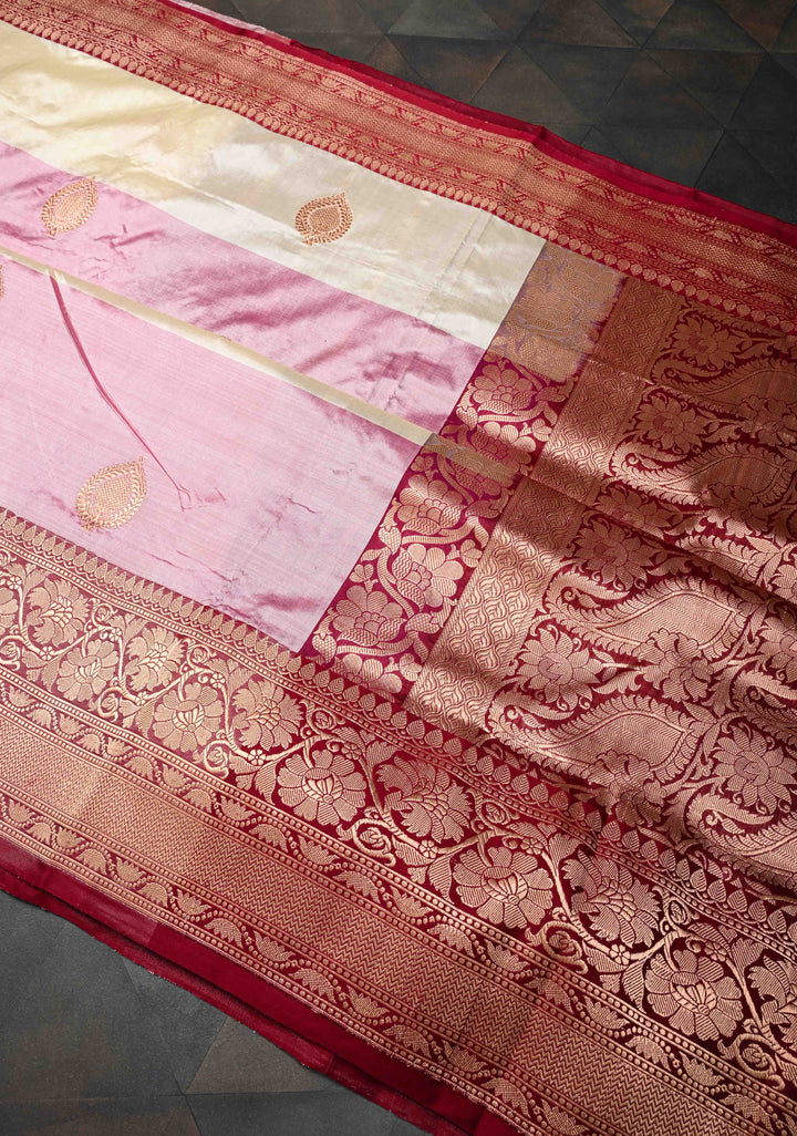 Beige and Dusty Pink Panel Design Banarasi Katan Silk Saree with Zari Buttas and Contrast Zari Border | SILK MARK CERTIFIED