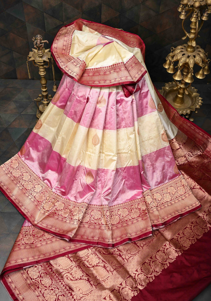 Beige and Dusty Pink Panel Design Banarasi Katan Silk Saree with Zari Buttas and Contrast Zari Border | SILK MARK CERTIFIED