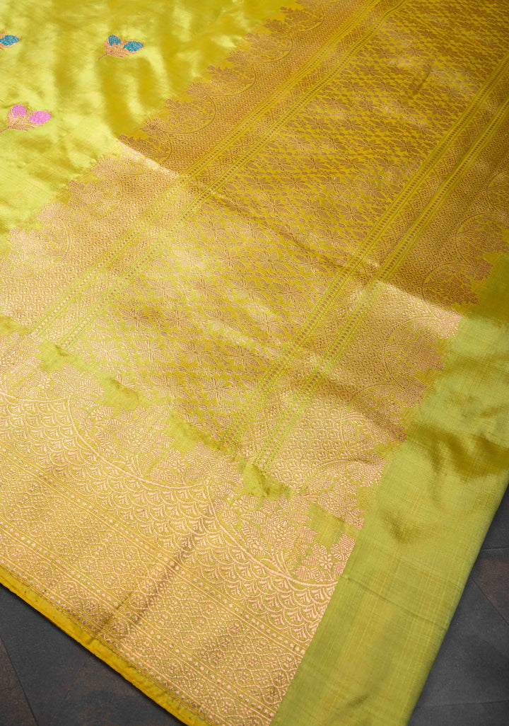 Lime Green Banarasi Katan Silk Saree with Meenakari Resham Buttas and Scallop Zari Border | SILK MARK CERTIFIED