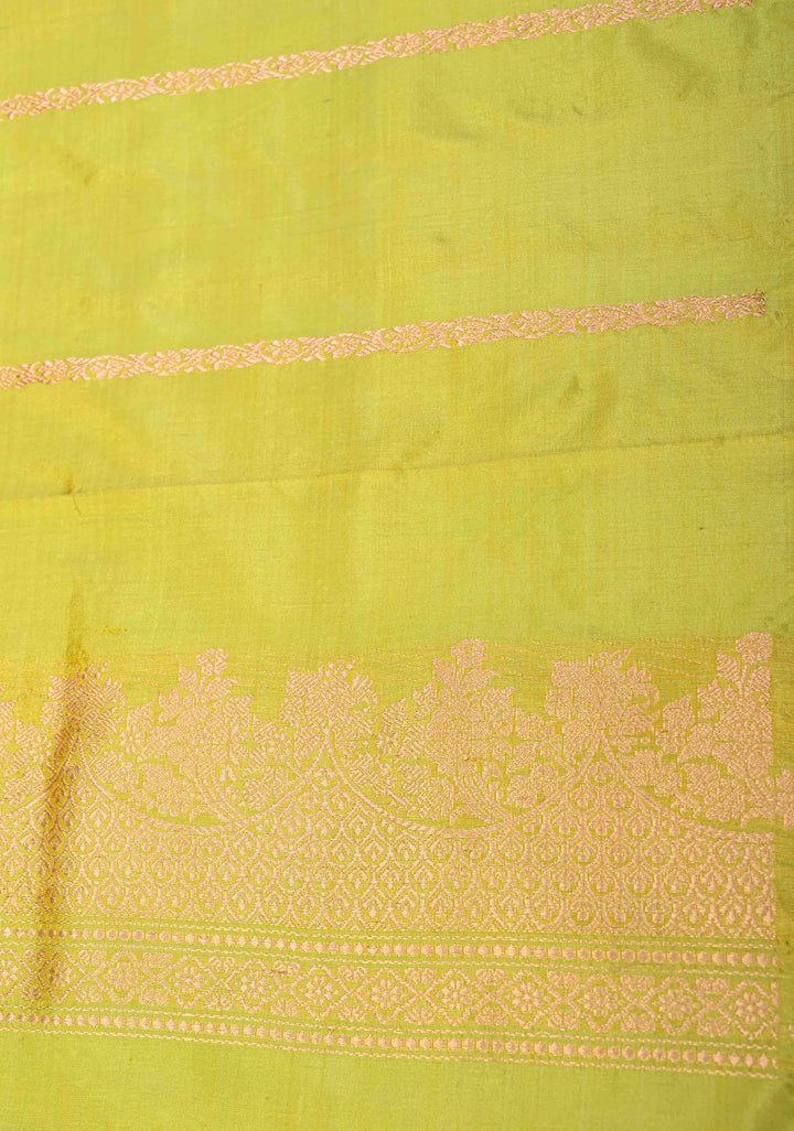 Lime Green Banarasi Katan Silk Saree with Meenakari Resham Buttas and Scallop Zari Border | SILK MARK CERTIFIED