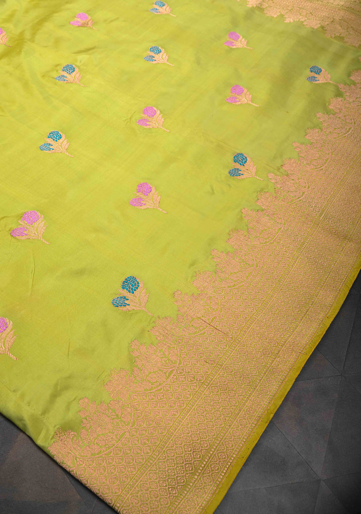 Lime Green Banarasi Katan Silk Saree with Meenakari Resham Buttas and Scallop Zari Border | SILK MARK CERTIFIED