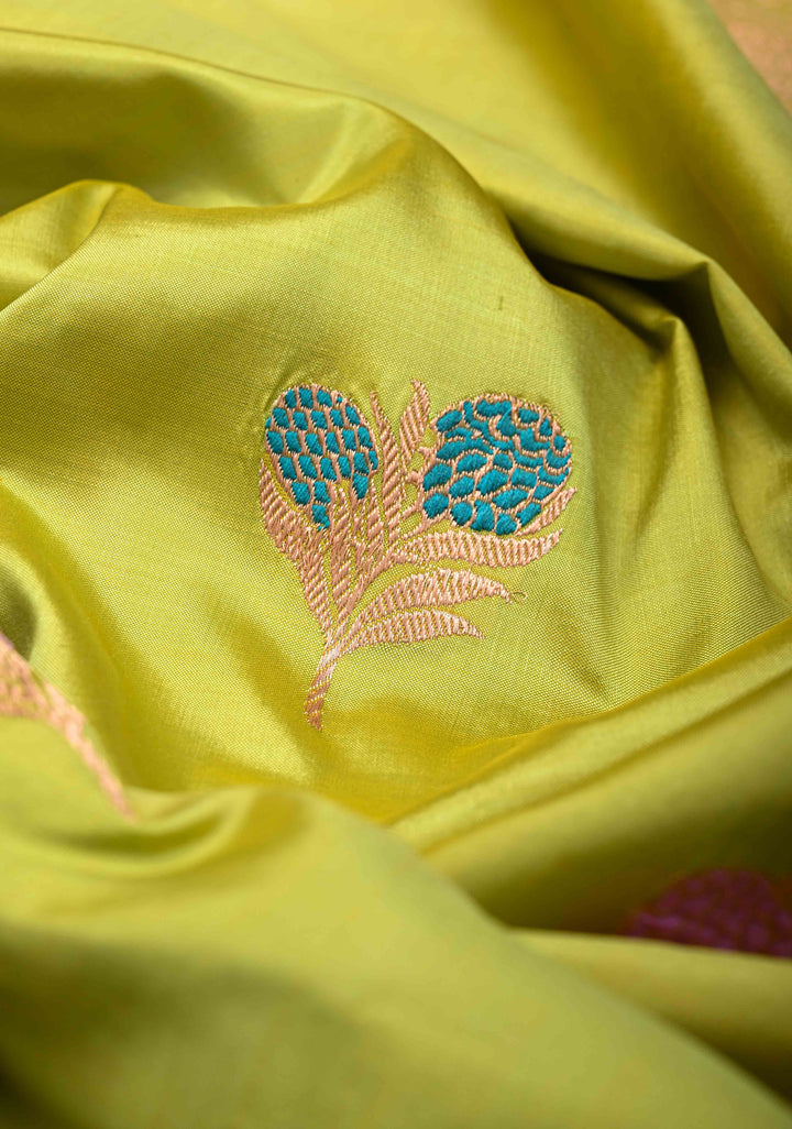 Lime Green Banarasi Katan Silk Saree with Meenakari Resham Buttas and Scallop Zari Border | SILK MARK CERTIFIED