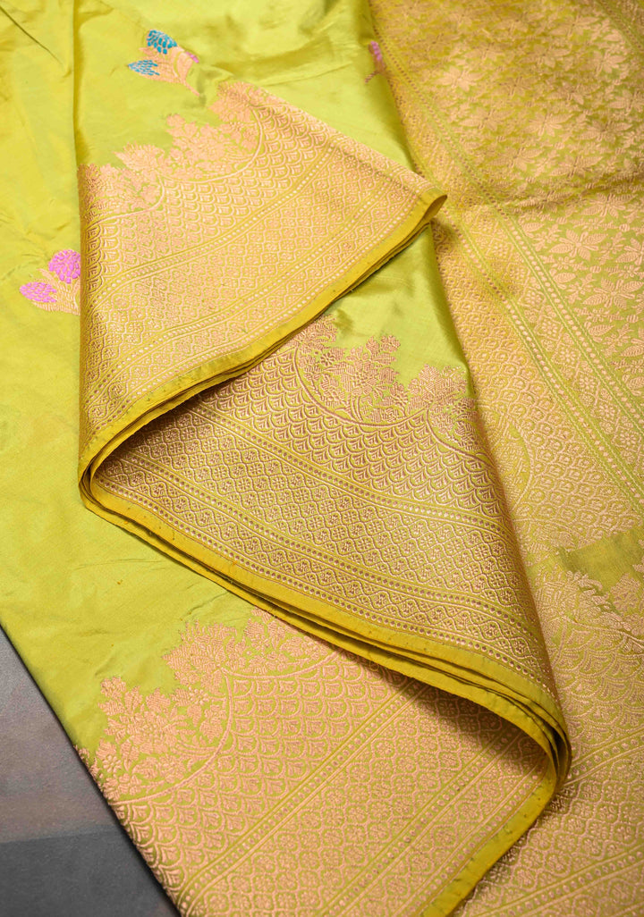Lime Green Banarasi Katan Silk Saree with Meenakari Resham Buttas and Scallop Zari Border | SILK MARK CERTIFIED