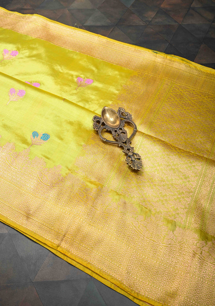 Lime Green Banarasi Katan Silk Saree with Meenakari Resham Buttas and Scallop Zari Border | SILK MARK CERTIFIED