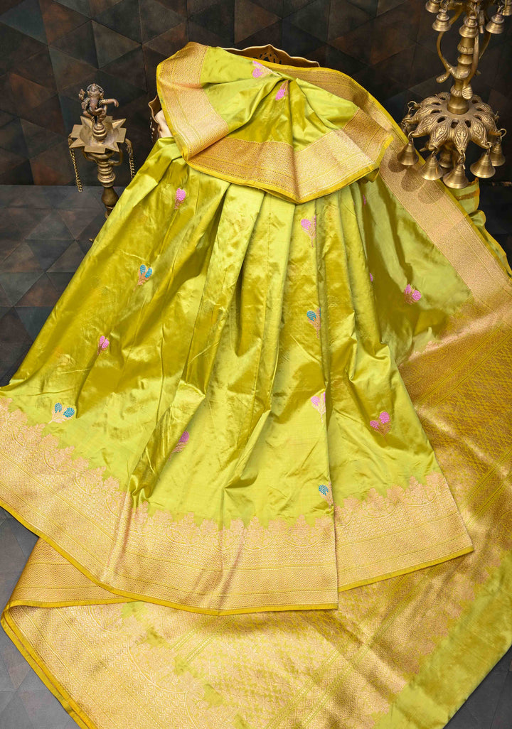 Lime Green Banarasi Katan Silk Saree with Meenakari Resham Buttas and Scallop Zari Border | SILK MARK CERTIFIED