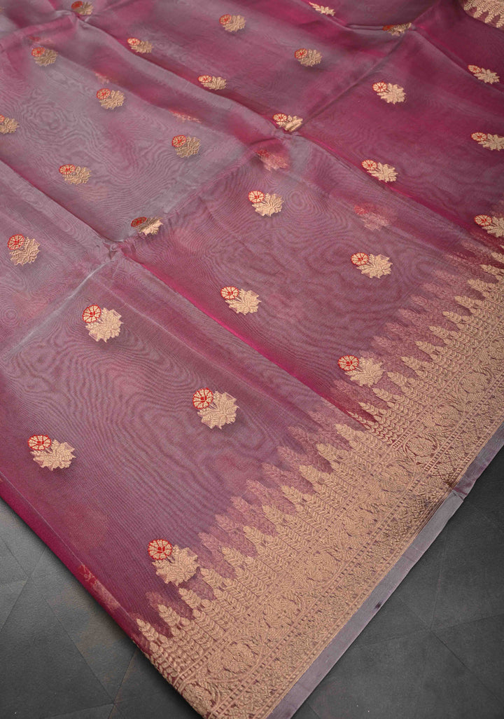 Onion Pink Pure Banarasi Organza Silk Saree with Meenakari Buttas and Zari Border | SILK MARK CERTIFIED