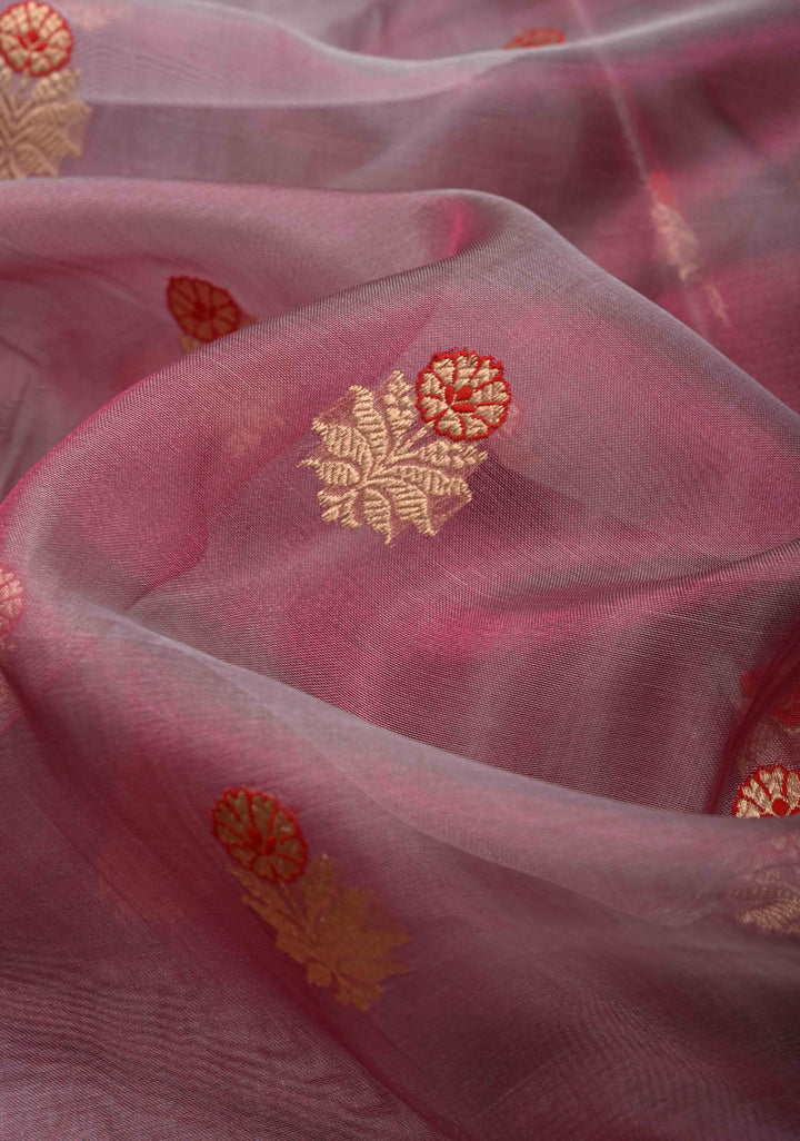 Onion Pink Pure Banarasi Organza Silk Saree with Meenakari Buttas and Zari Border | SILK MARK CERTIFIED