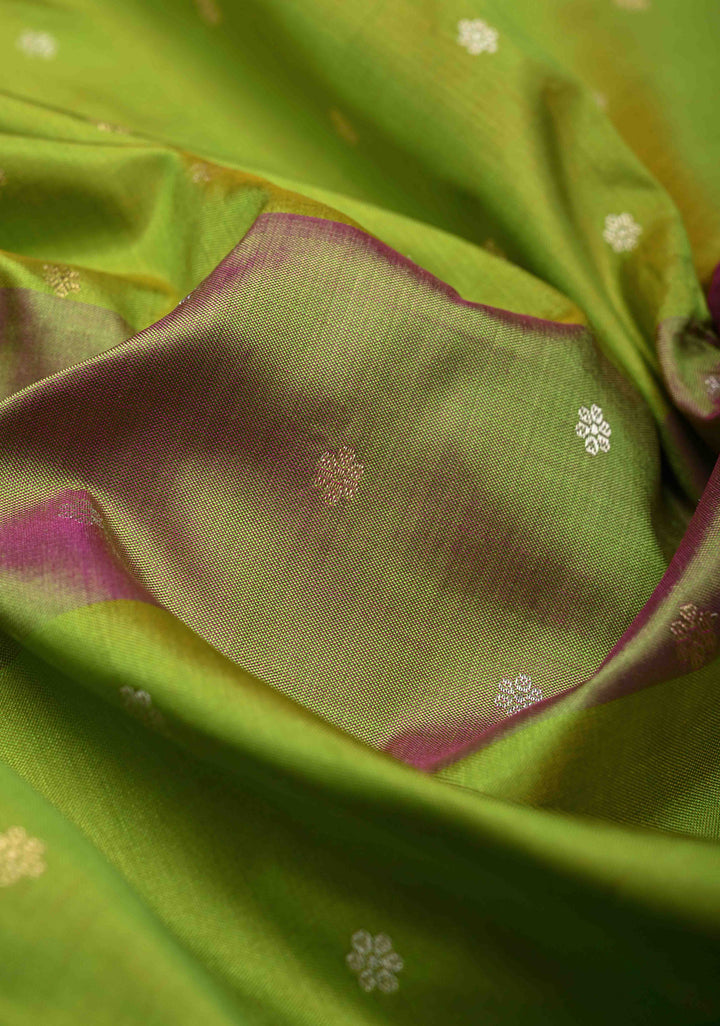 Multi color Chunri Buttis on Pure Banarasi Katan Silk Saree with Color Panels and Scallop Border | SILK MARK CERTIFIED