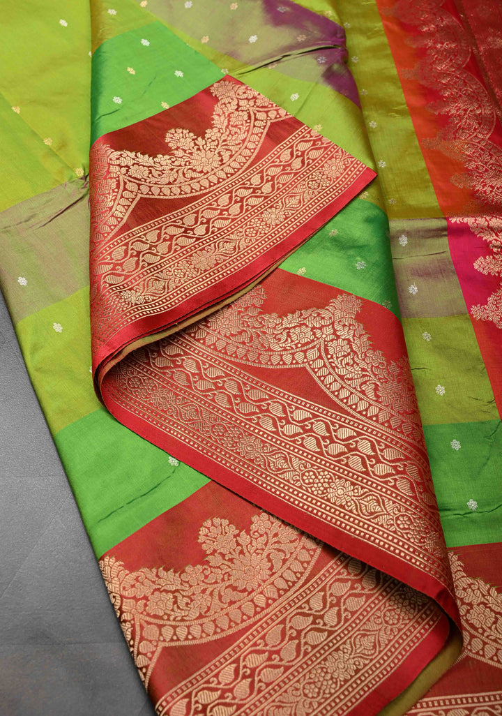 Multi color Chunri Buttis on Pure Banarasi Katan Silk Saree with Color Panels and Scallop Border | SILK MARK CERTIFIED