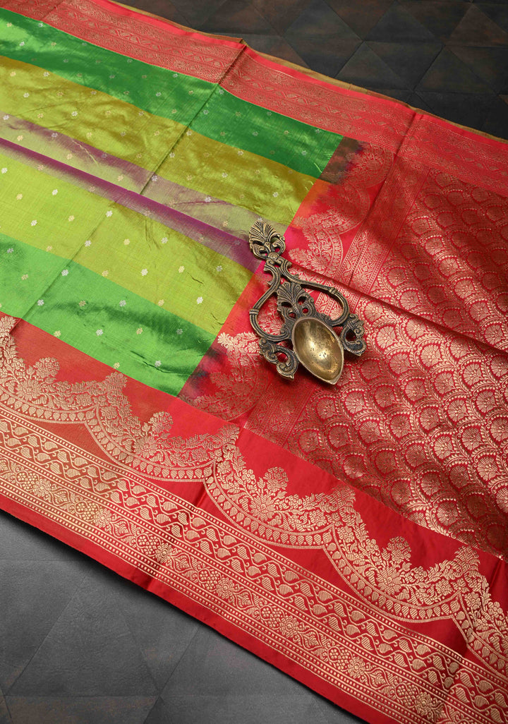 Multi color Chunri Buttis on Pure Banarasi Katan Silk Saree with Color Panels and Scallop Border | SILK MARK CERTIFIED