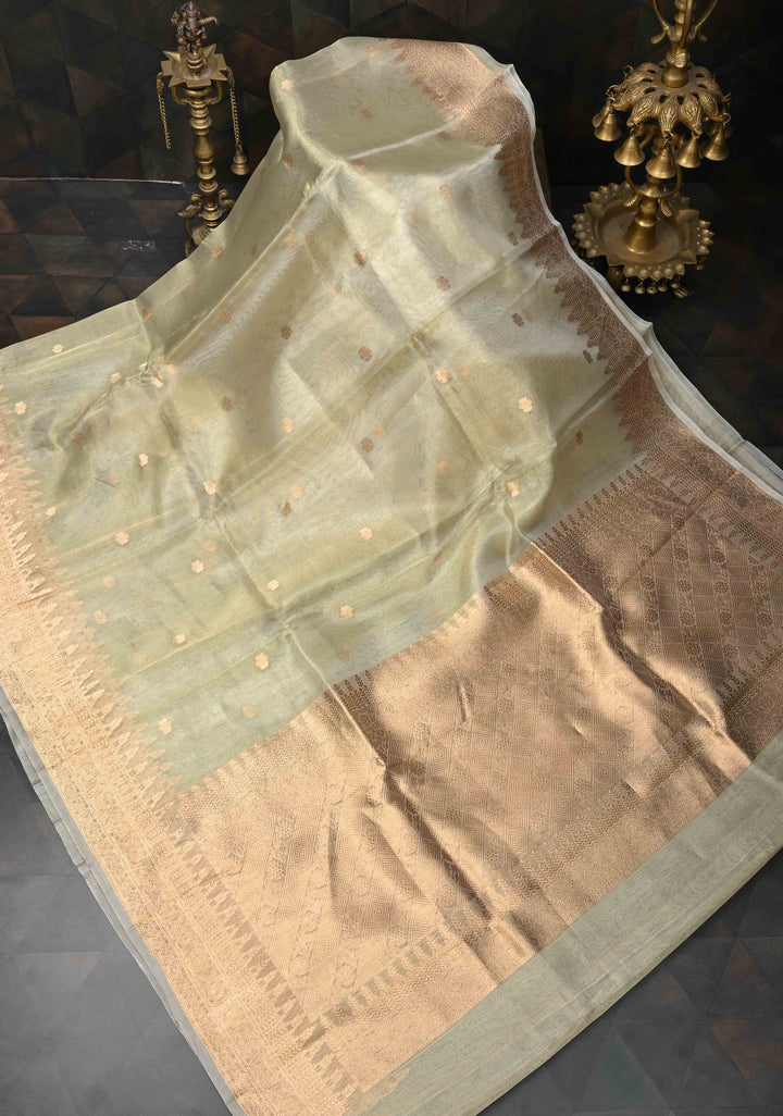 Beige Pure Banarasi Organza Tissue Silk Saree with Zari Buttas and Zari Border | SILK MARK CERTIFIED