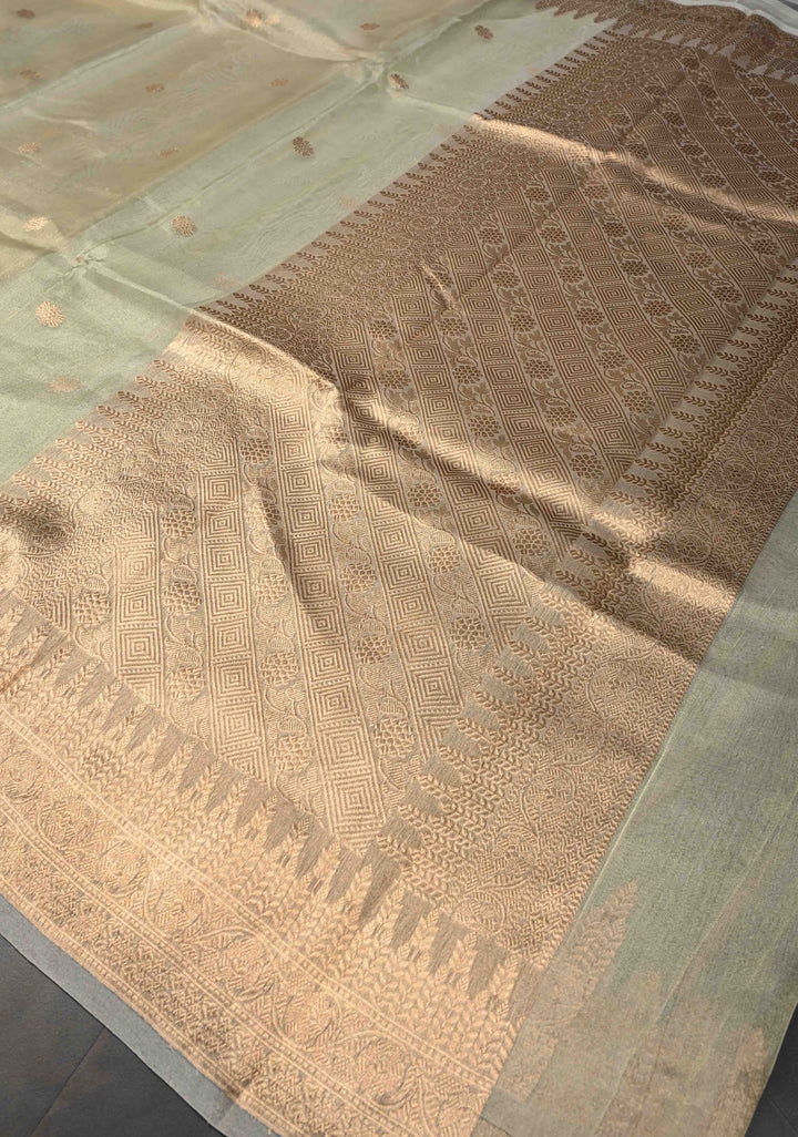 Beige Pure Banarasi Organza Tissue Silk Saree with Zari Buttas and Zari Border | SILK MARK CERTIFIED