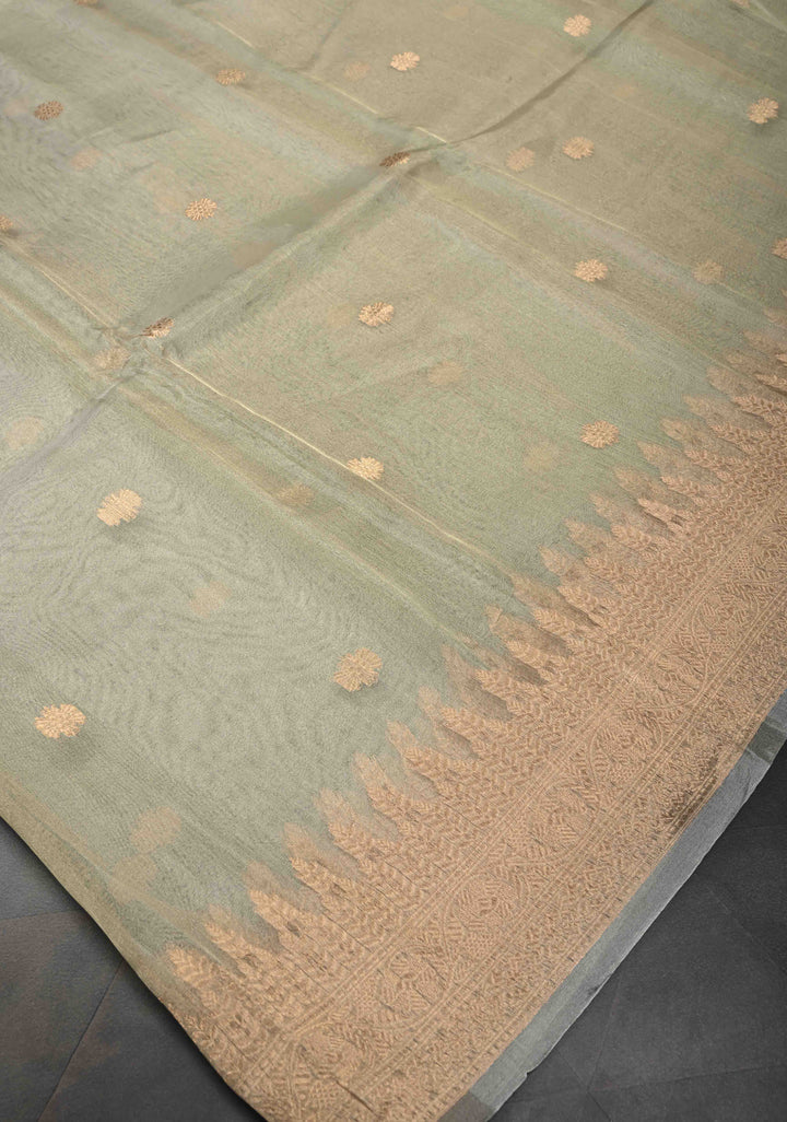 Beige Pure Banarasi Organza Tissue Silk Saree with Zari Buttas and Zari Border | SILK MARK CERTIFIED