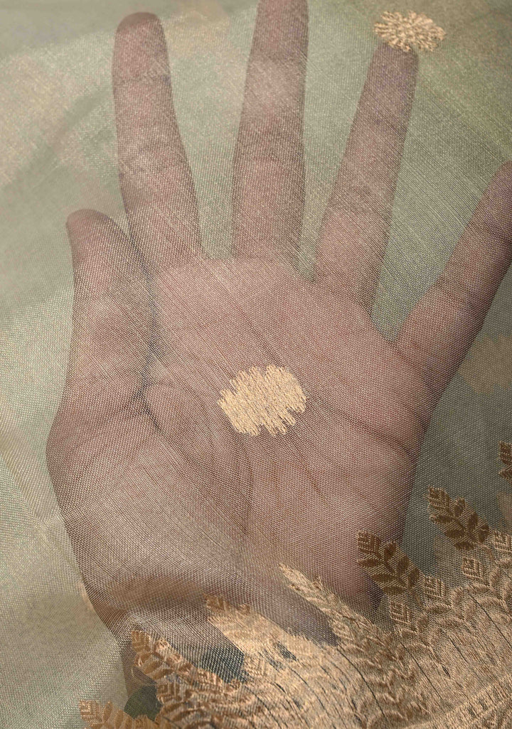 Beige Pure Banarasi Organza Tissue Silk Saree with Zari Buttas and Zari Border | SILK MARK CERTIFIED