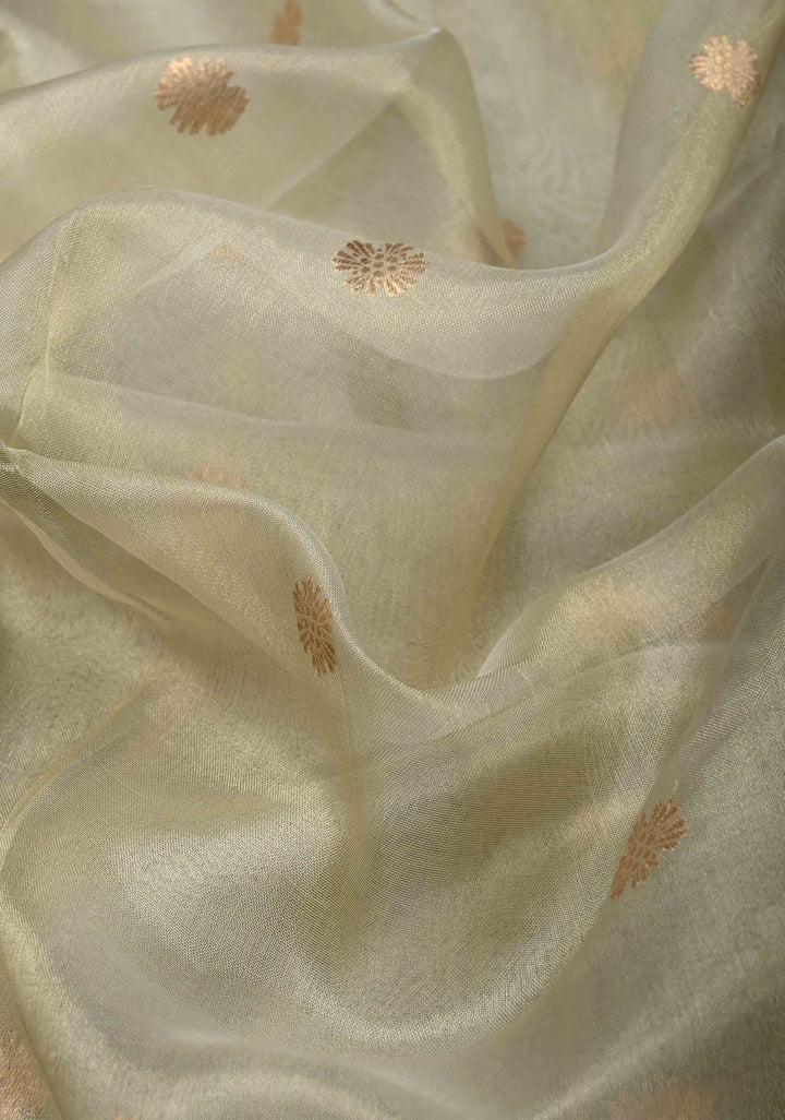 Beige Pure Banarasi Organza Tissue Silk Saree with Zari Buttas and Zari Border | SILK MARK CERTIFIED