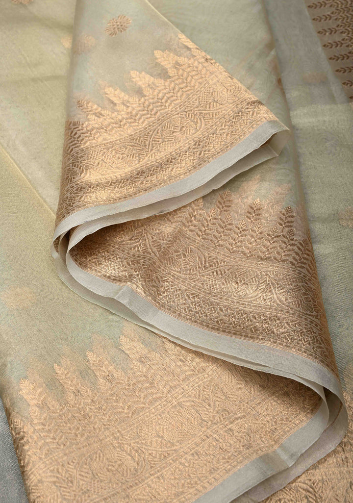 Beige Pure Banarasi Organza Tissue Silk Saree with Zari Buttas and Zari Border | SILK MARK CERTIFIED