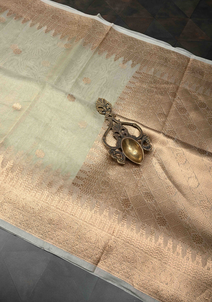 Beige Pure Banarasi Organza Tissue Silk Saree with Zari Buttas and Zari Border | SILK MARK CERTIFIED