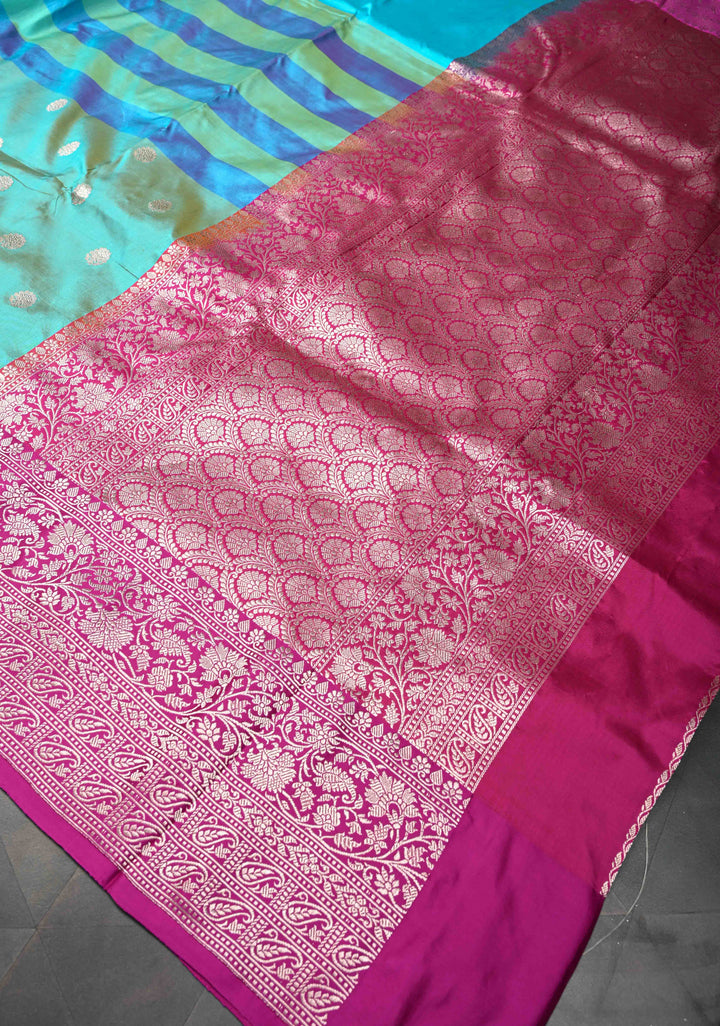 Aqua Blue-Sea Green Shades Pure Banarasi Katan Silk Saree with Zari Buttas and Contrast Zari Border | SILK MARK CERTIFIED