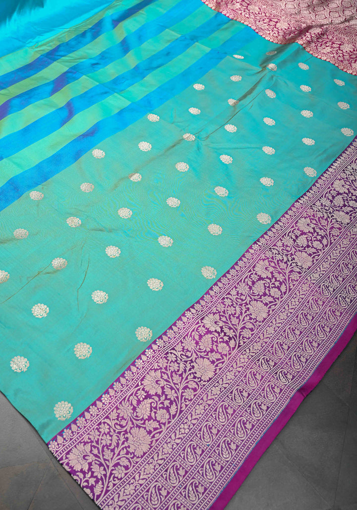 Aqua Blue-Sea Green Shades Pure Banarasi Katan Silk Saree with Zari Buttas and Contrast Zari Border | SILK MARK CERTIFIED