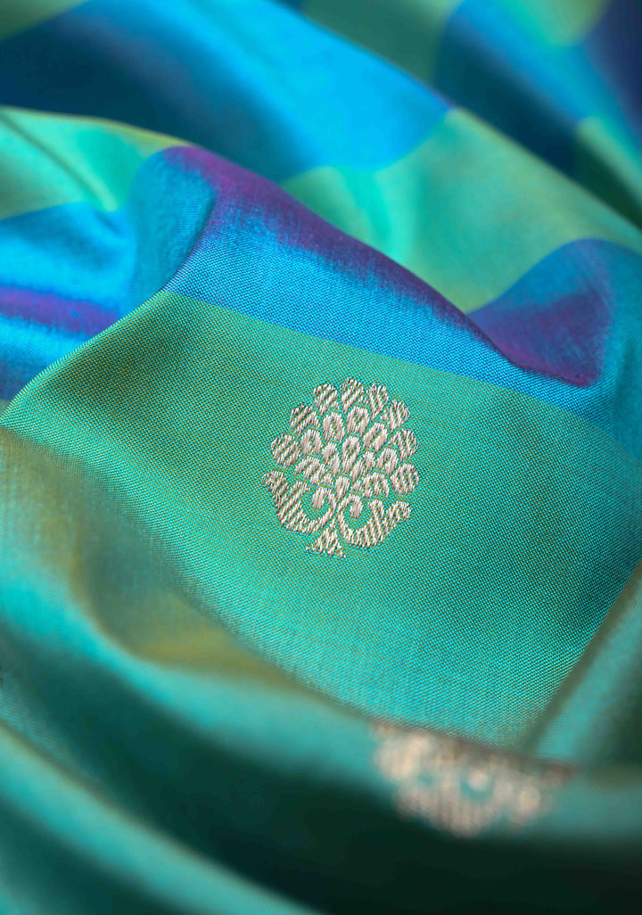 Aqua Blue-Sea Green Shades Pure Banarasi Katan Silk Saree with Zari Buttas and Contrast Zari Border | SILK MARK CERTIFIED