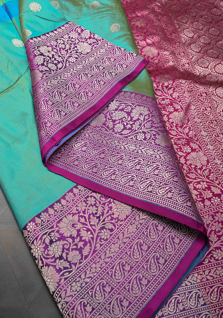 Aqua Blue-Sea Green Shades Pure Banarasi Katan Silk Saree with Zari Buttas and Contrast Zari Border | SILK MARK CERTIFIED