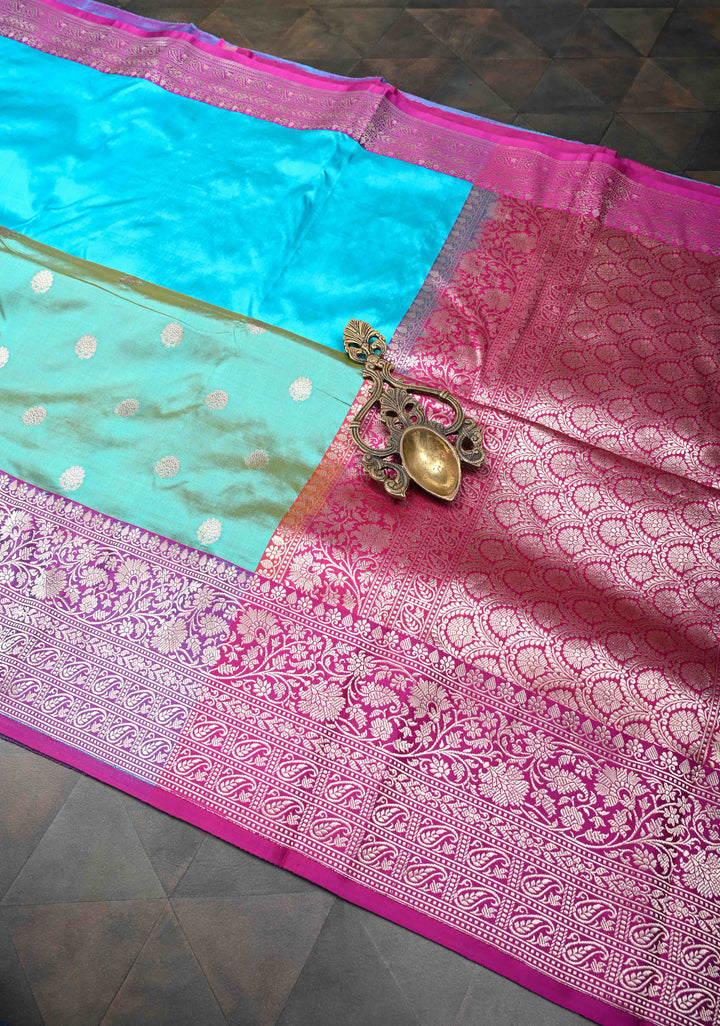 Aqua Blue-Sea Green Shades Pure Banarasi Katan Silk Saree with Zari Buttas and Contrast Zari Border | SILK MARK CERTIFIED
