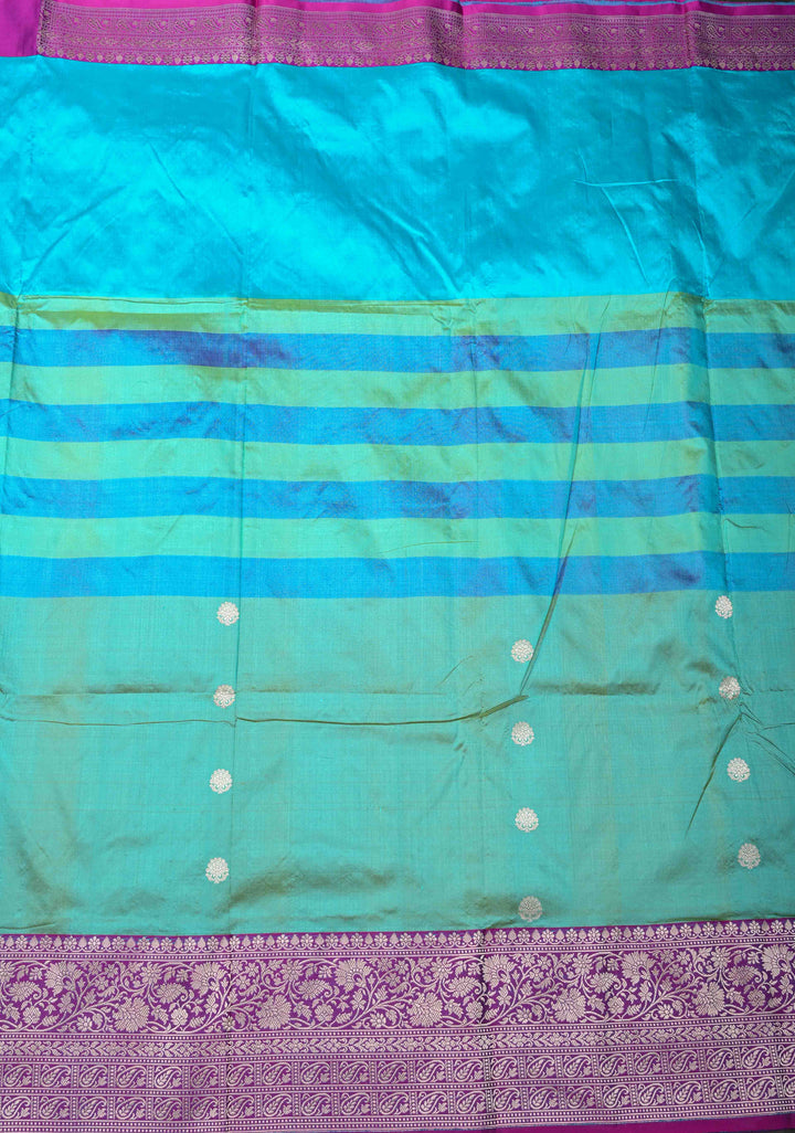 Aqua Blue-Sea Green Shades Pure Banarasi Katan Silk Saree with Zari Buttas and Contrast Zari Border | SILK MARK CERTIFIED
