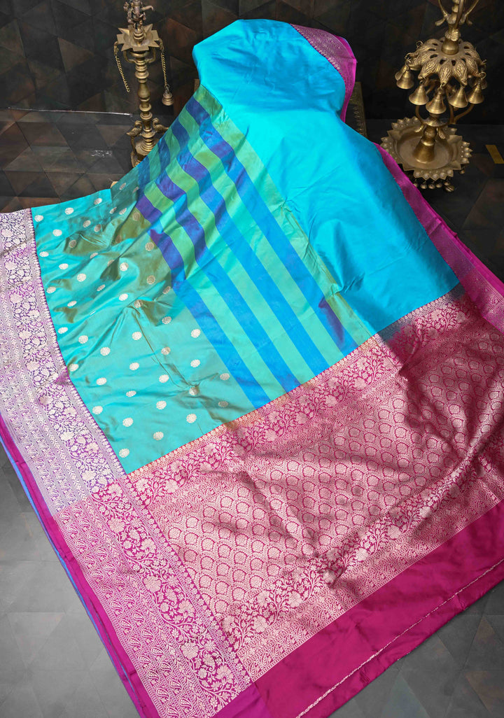 Aqua Blue-Sea Green Shades Pure Banarasi Katan Silk Saree with Zari Buttas and Contrast Zari Border | SILK MARK CERTIFIED