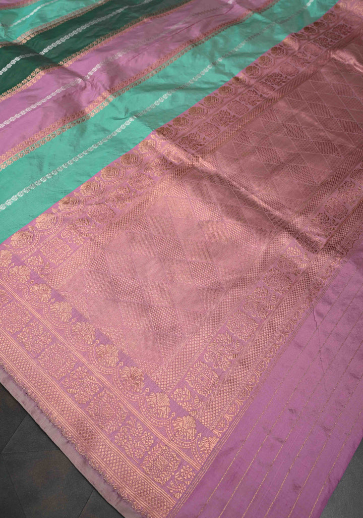 Multicolor Vertical Stripes on Banarasi Katan Silk Saree with Rangkaat Inspired Style Pattern and Scallop Border | SILK MARK CERTIFIED