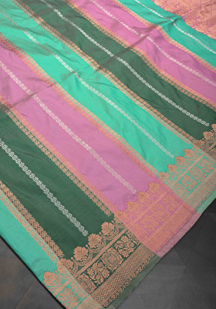 Multicolor Vertical Stripes on Banarasi Katan Silk Saree with Rangkaat Inspired Style Pattern and Scallop Border | SILK MARK CERTIFIED