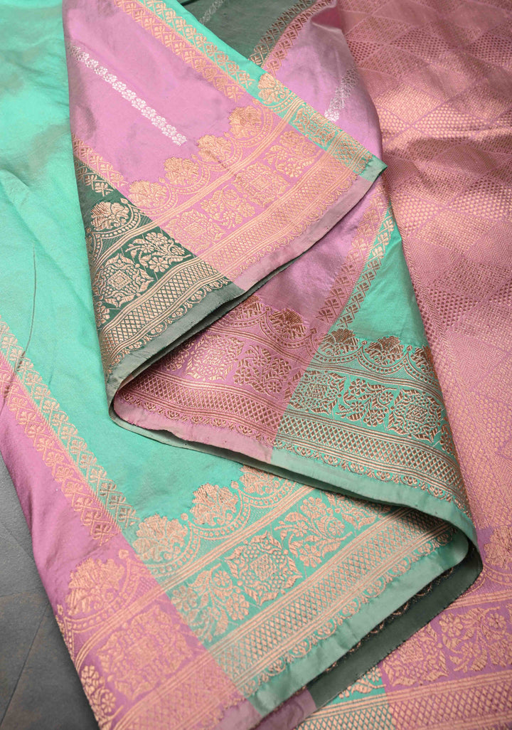 Multicolor Vertical Stripes on Banarasi Katan Silk Saree with Rangkaat Inspired Style Pattern and Scallop Border | SILK MARK CERTIFIED