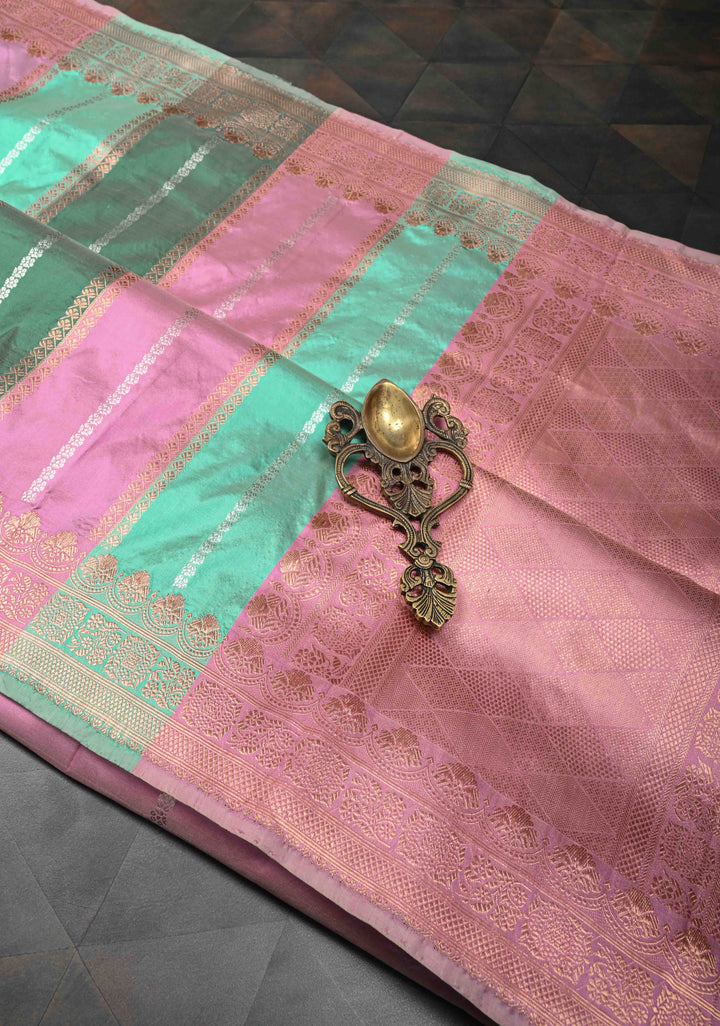 Multicolor Vertical Stripes on Banarasi Katan Silk Saree with Rangkaat Inspired Style Pattern and Scallop Border | SILK MARK CERTIFIED